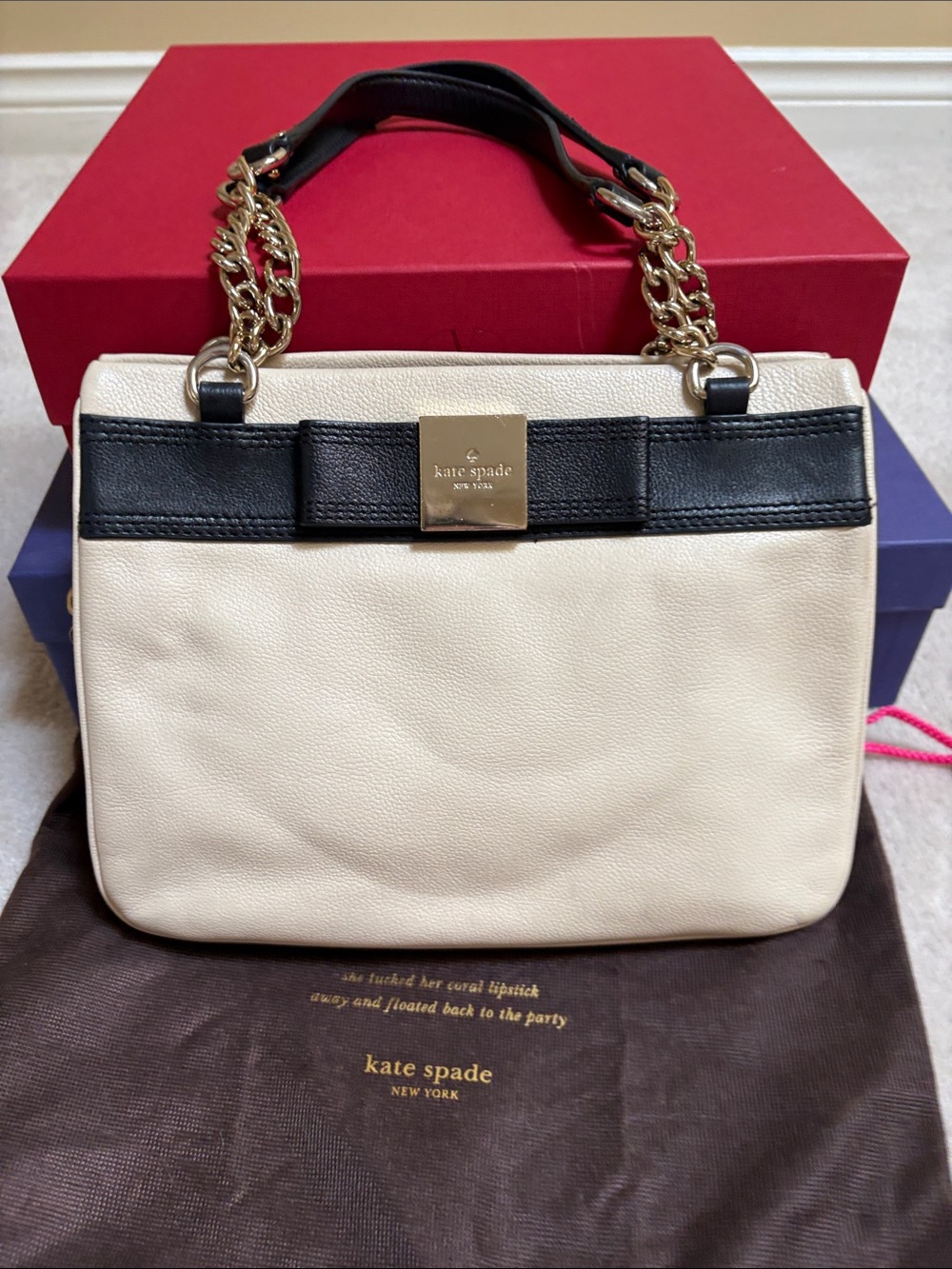 kate spade Cream and Black Leather Chain-Handle Shoulder Bag